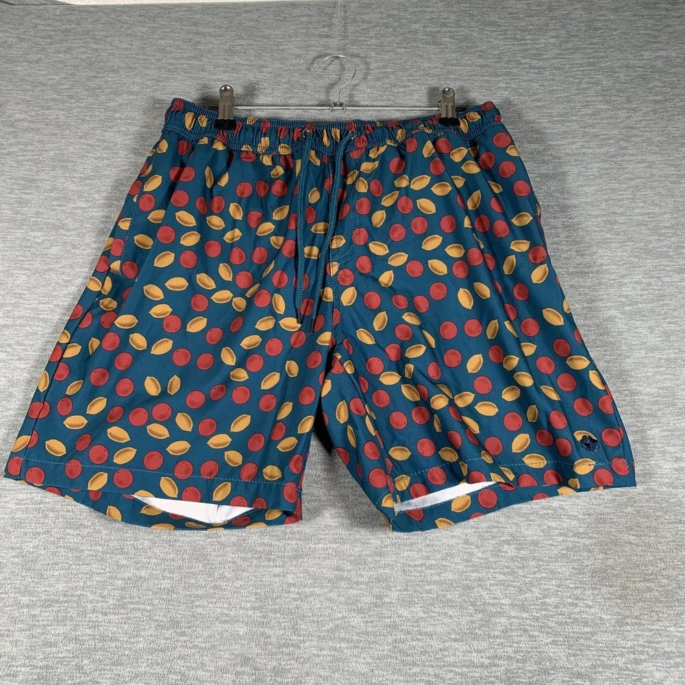 Lucky Brand Swim Shorts Mens Medium Blue Tropical Dot Print Lined Trunks Stretch